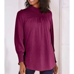 Soft Surroundings Top Womens medium Jayden Plum Purple Smocked Mock Neck